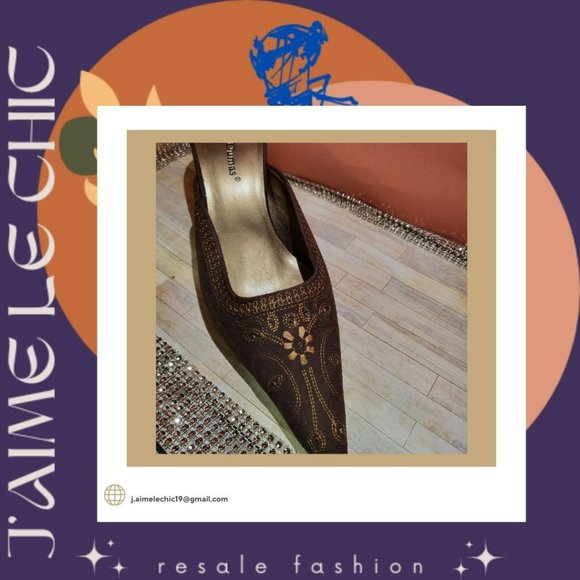 Pierre Dumas Brown with Dark Gold Design Slip-On Kitten Heels - Picture 3 of 7